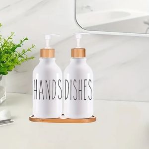 2 Piece Hand and Dish Soap Dispensers With Bamboo Tray